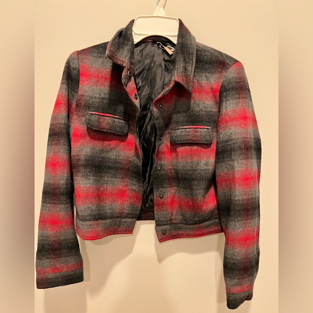 Topshop cropped wool blend plaid jacket